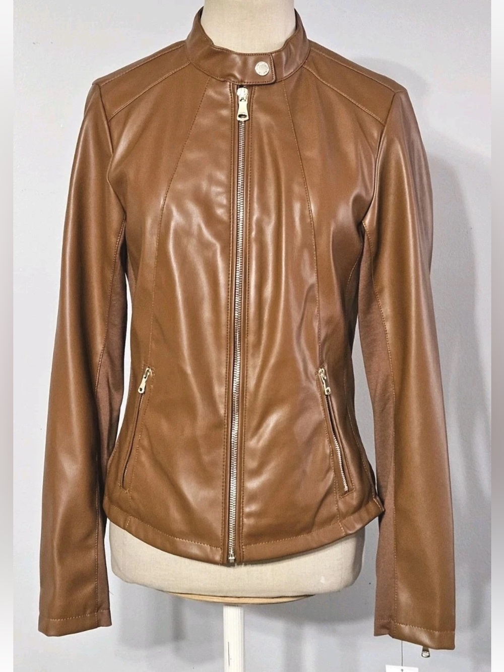 Calvin Klein Women's Brown Faux Leather Full Zip Front Moto Jacket